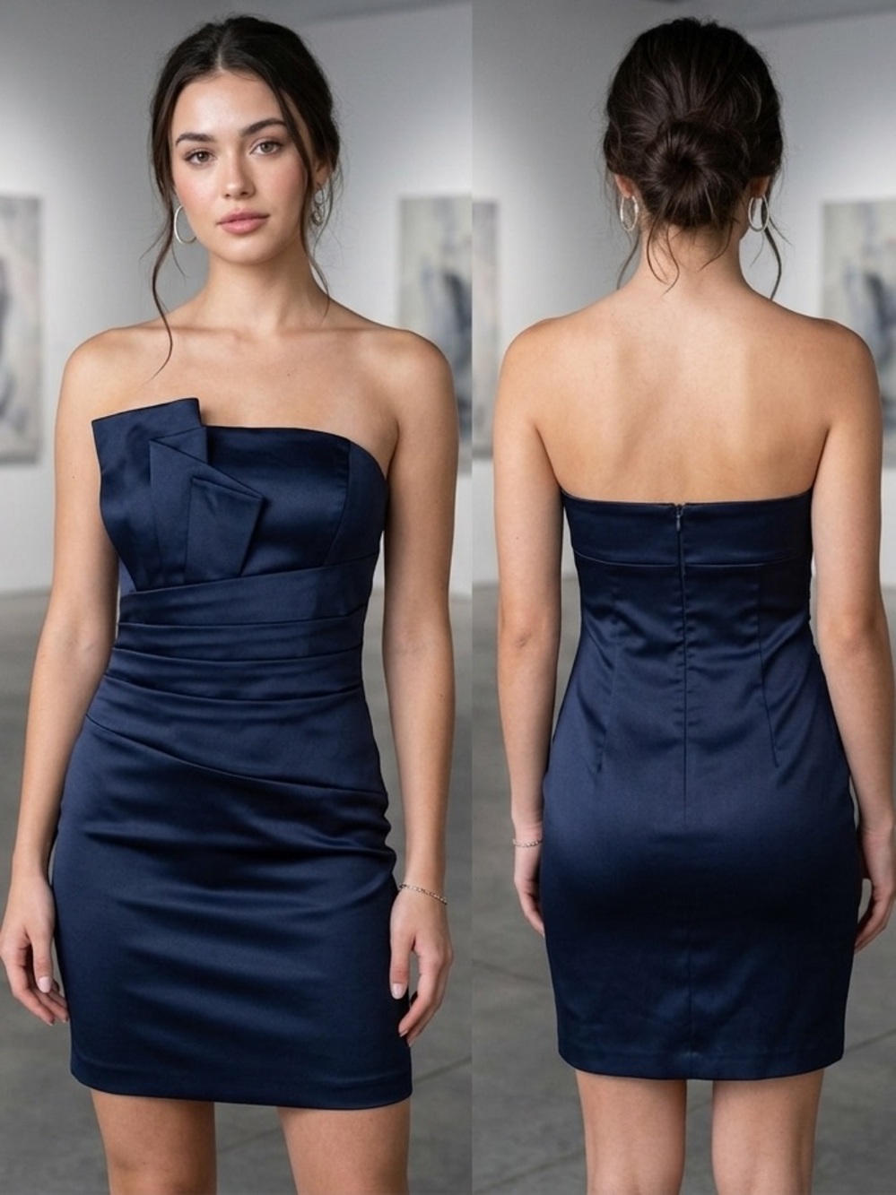Cache Women's 4 Navy Satin Stretch Cocktail Sheath Strapless Mini Dress Vintage